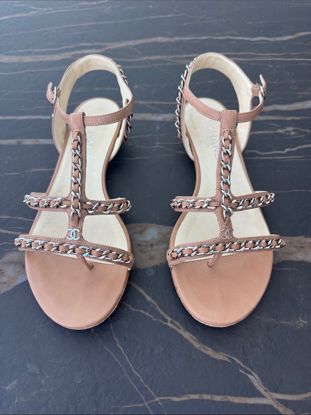 Chanel Nude Chain-Trim T-Strap Sandals